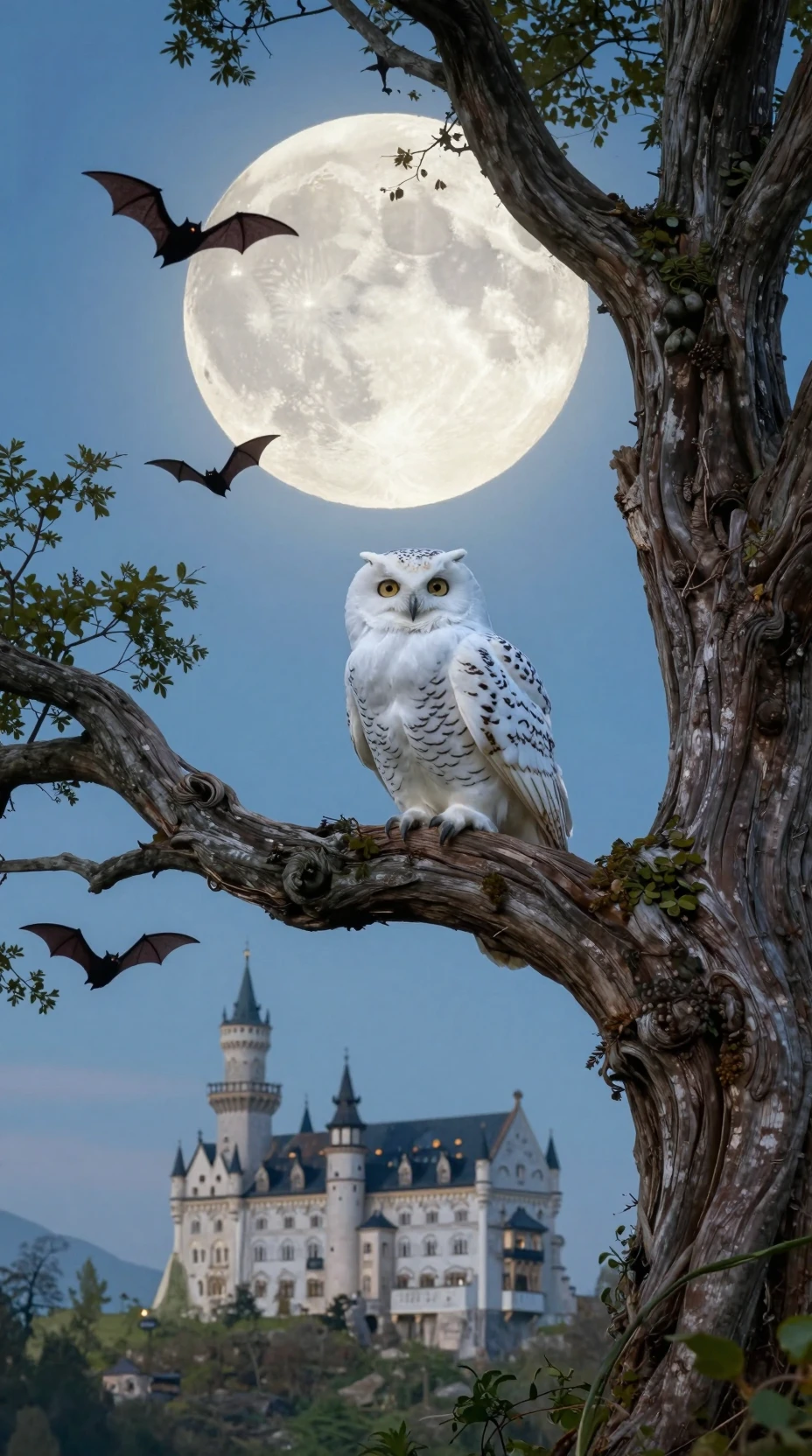 Gufo bianco davanti alla luna piena sopra un castello fantasy infestato