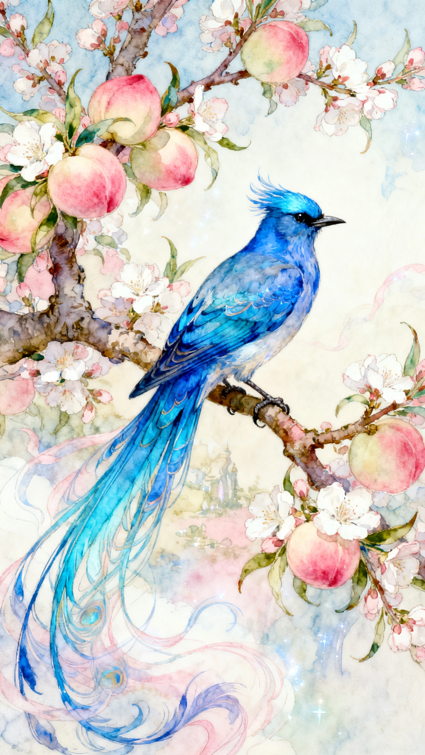 Azzurrino su Pesco in Fiore in Stile Acquerello