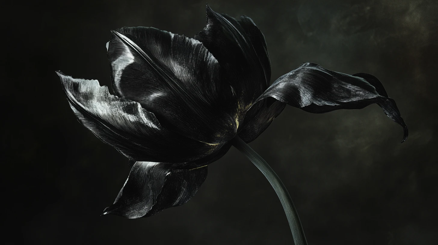 Schwarze Tulpe, die aus der Dunkelheit auftaucht, mit surrealen botanischen Details