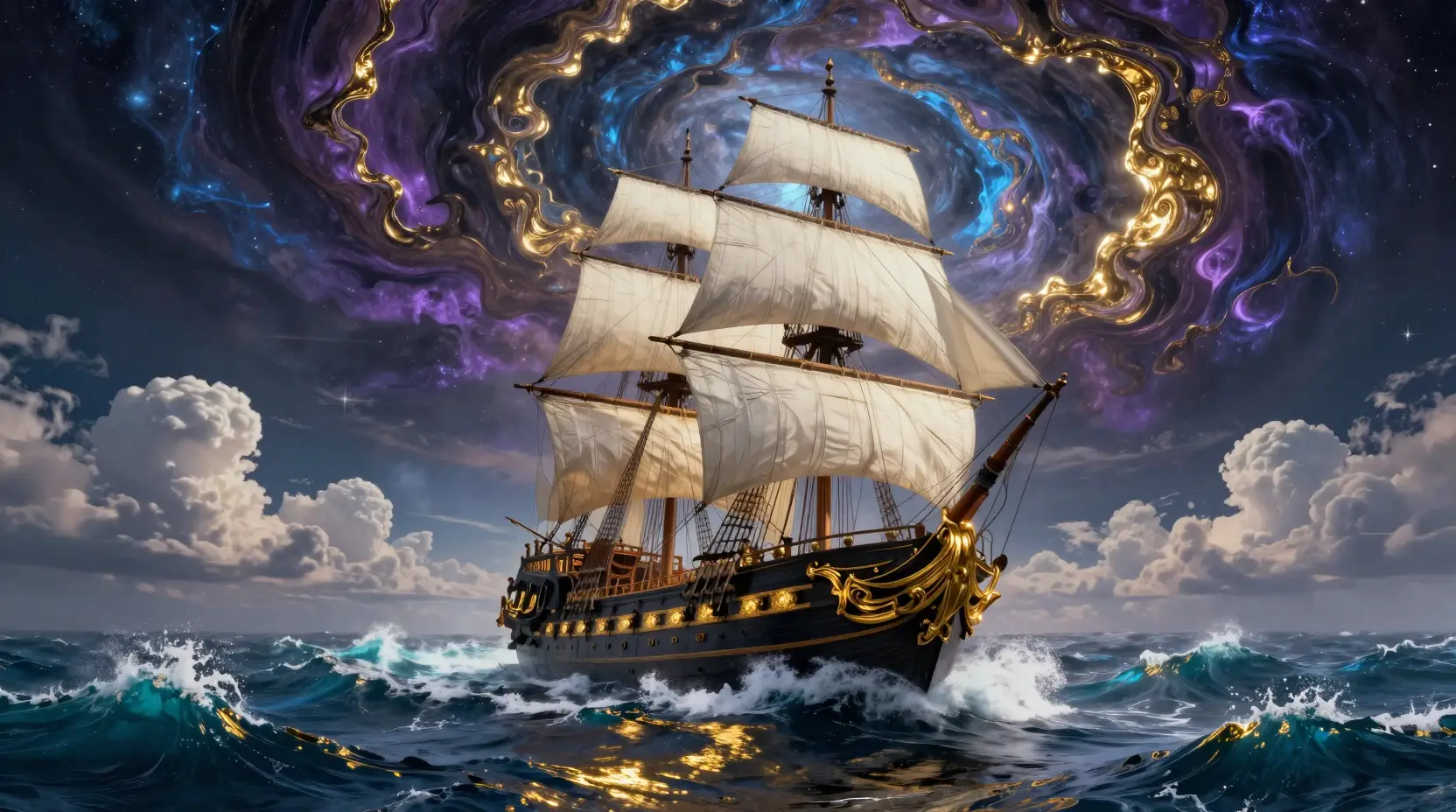 Majestätische dunkle Galeone, die durch ein stürmisches kosmisches Meer segelt