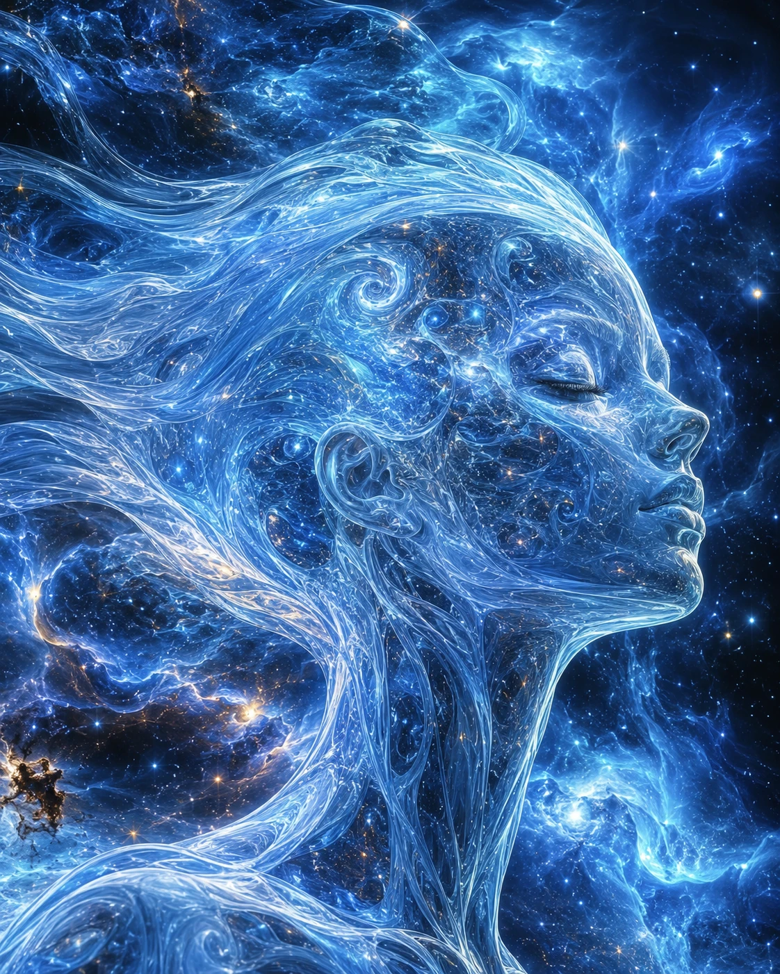 Mulher de vidro surreal se dissolvendo em uma nebulosa azul cósmica