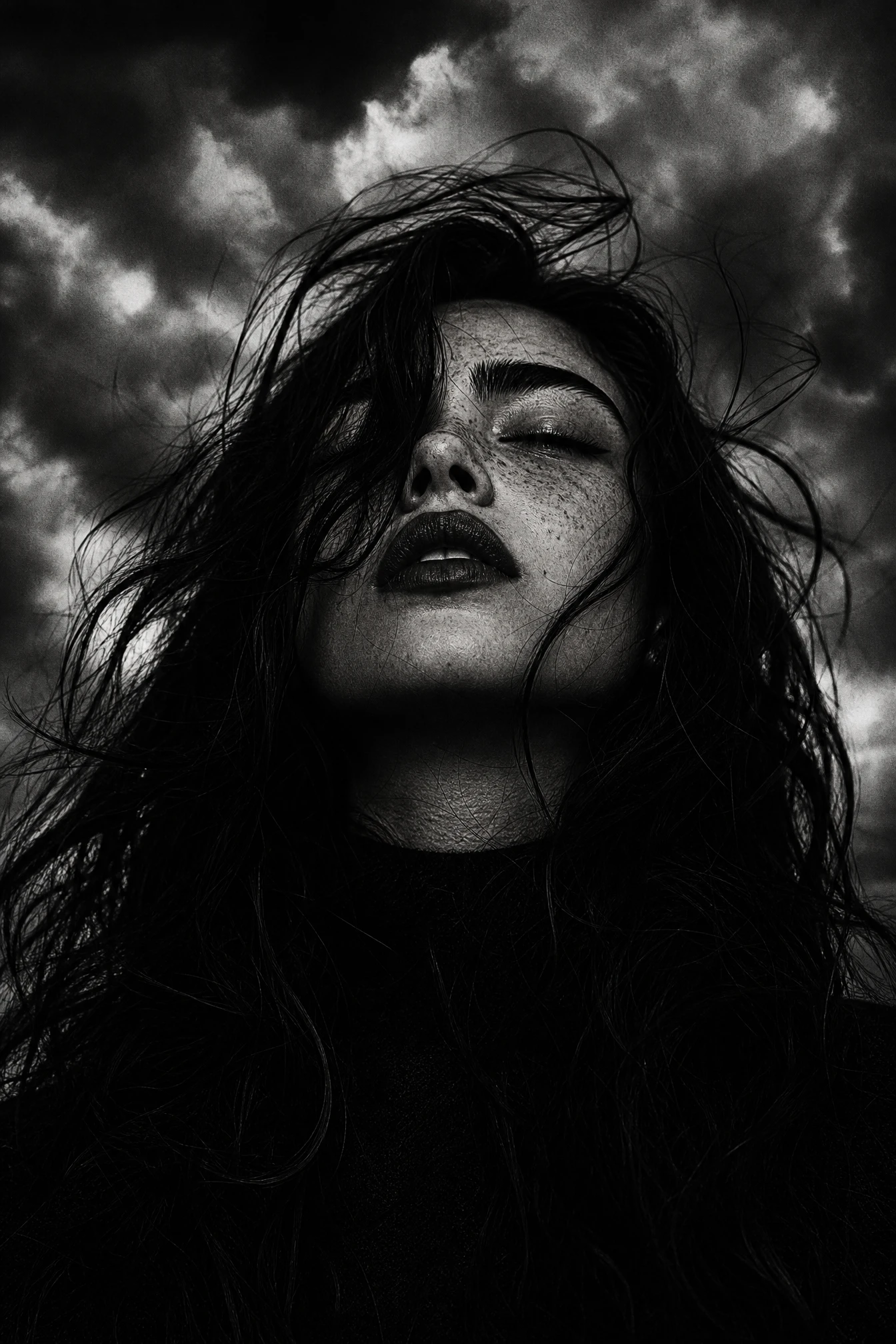 Retrato dramático em contra-plongée de uma mulher contra nuvens de tempestade
