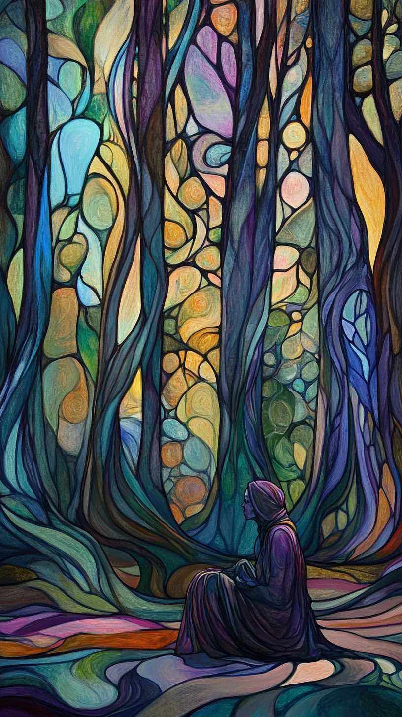Mystical forest guardian kneeling beneath ancient towering trees