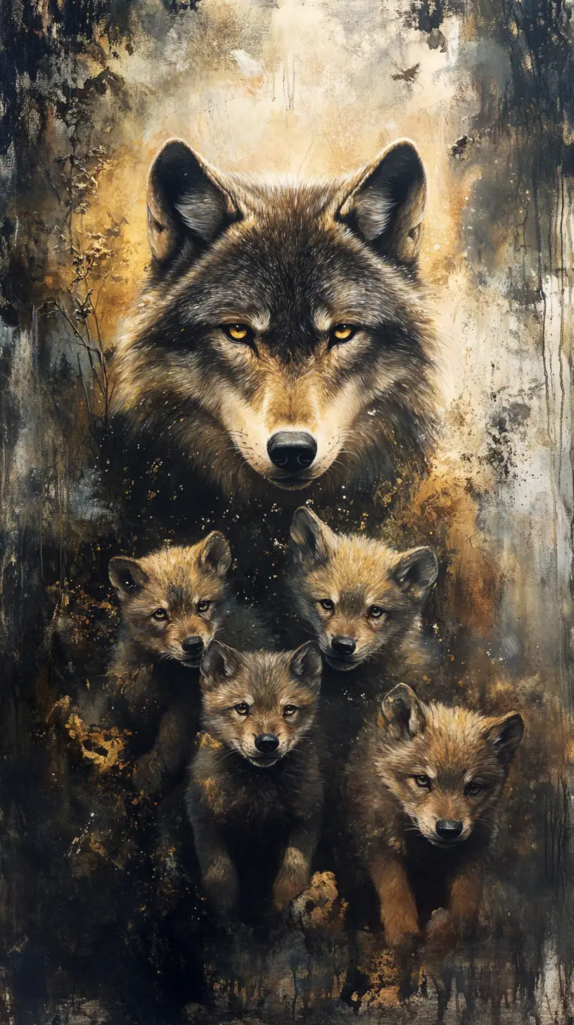 Wolfsfamilie, die in einem stillen Wald im Licht vergeht