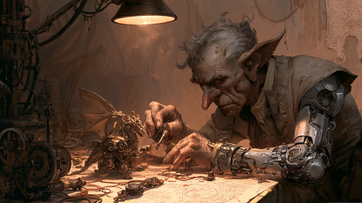 Duende cibernético creando un diminuto dragón de relojería