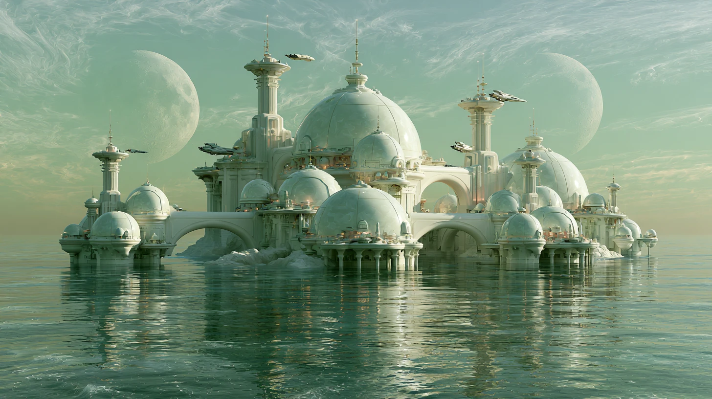 Città aliena futuristica che fluttua sopra un vasto oceano calmo