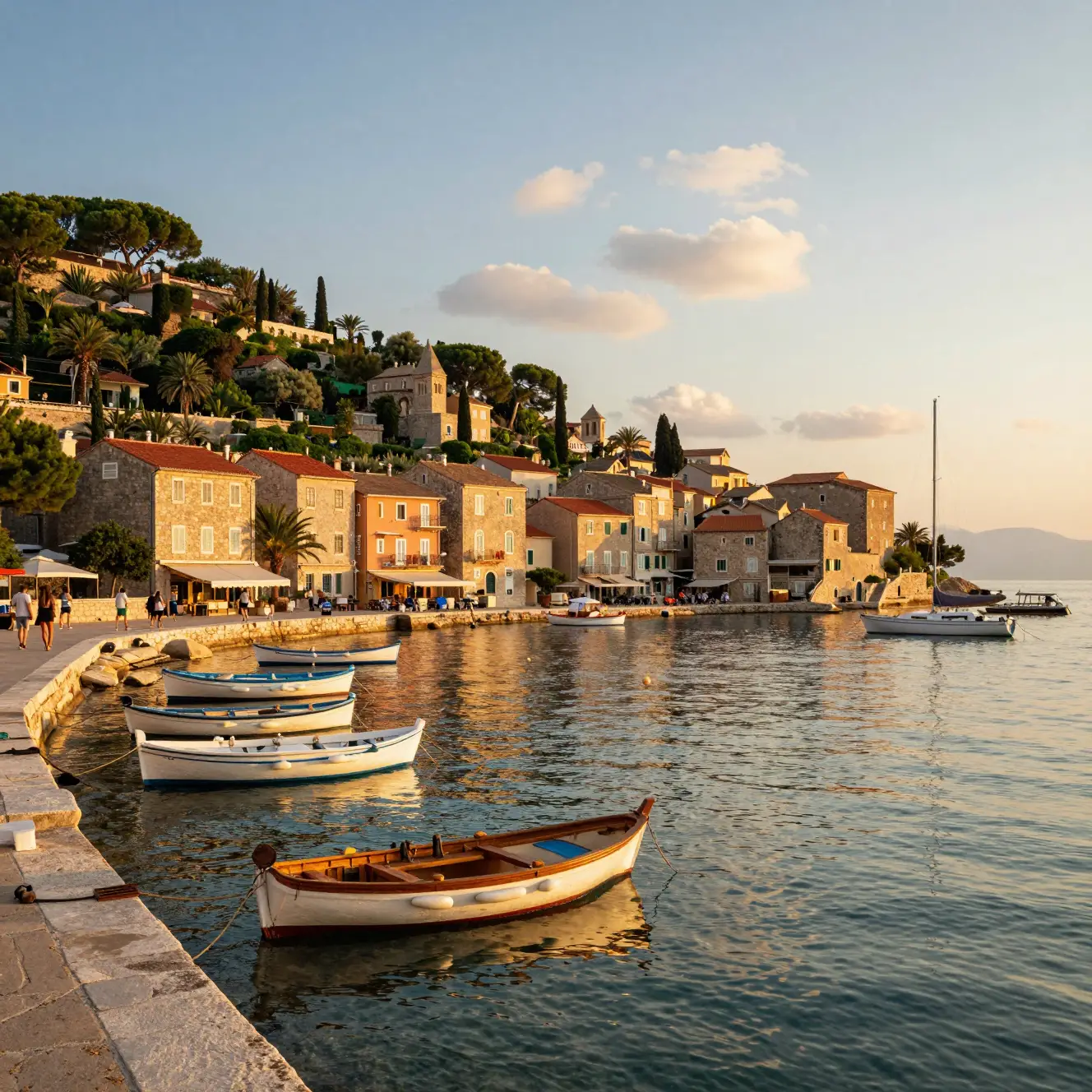 Mediterranean harbor village at sunset with fishing boats