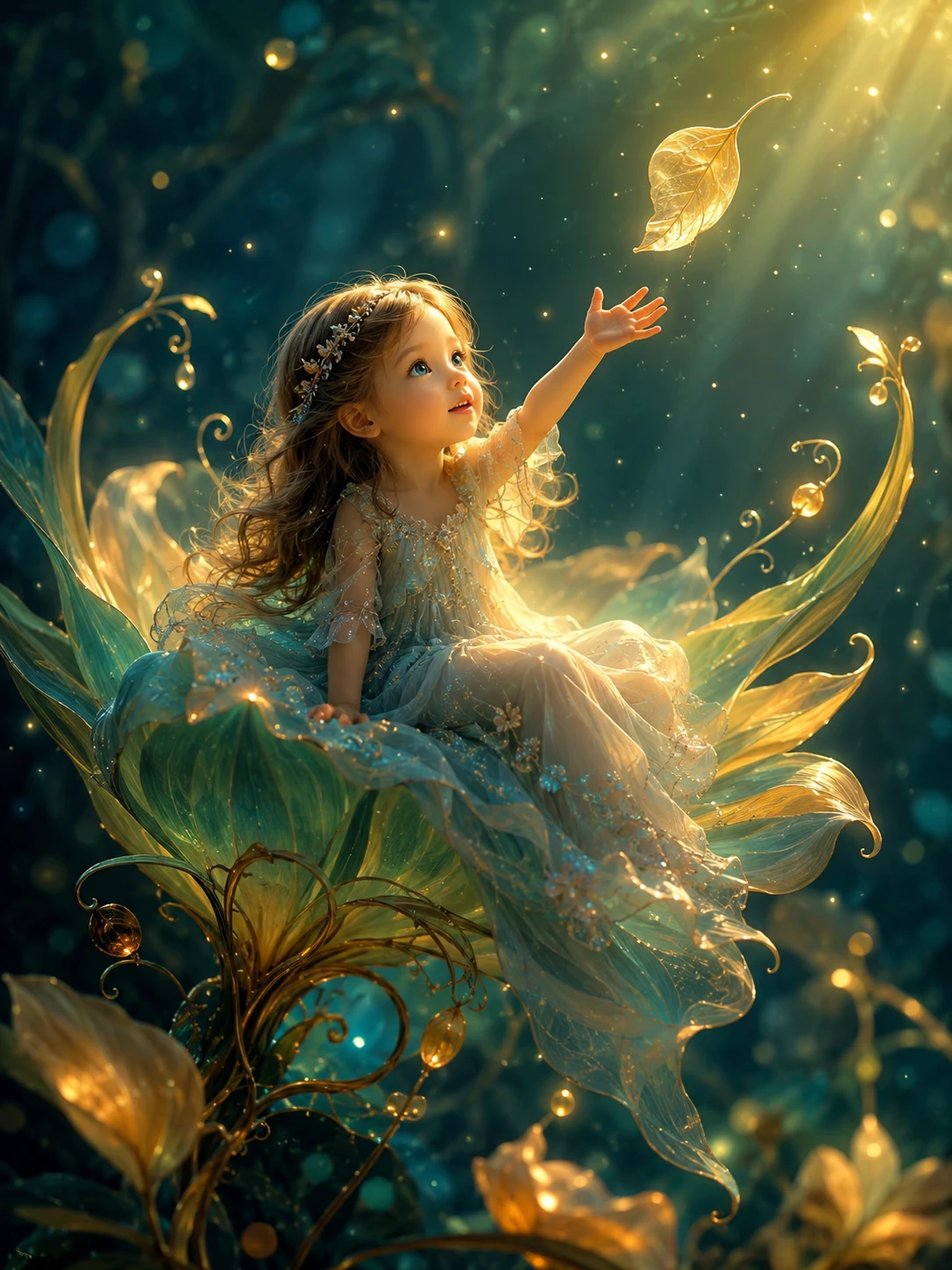 Cute girl on ethereal plant reaching for falling leaf
