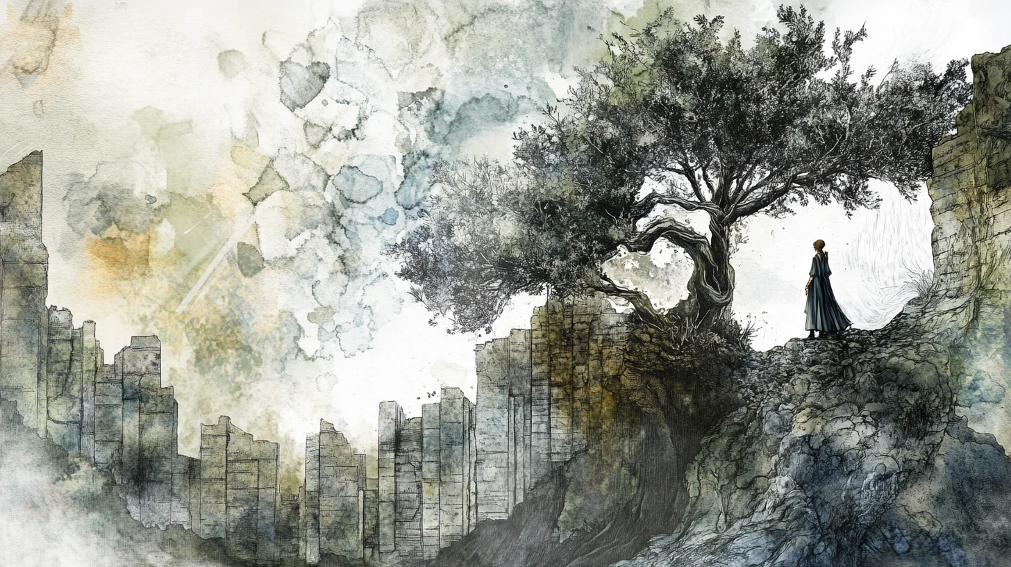 Elfo accanto a un albero antico in un mondo onirico e surreale