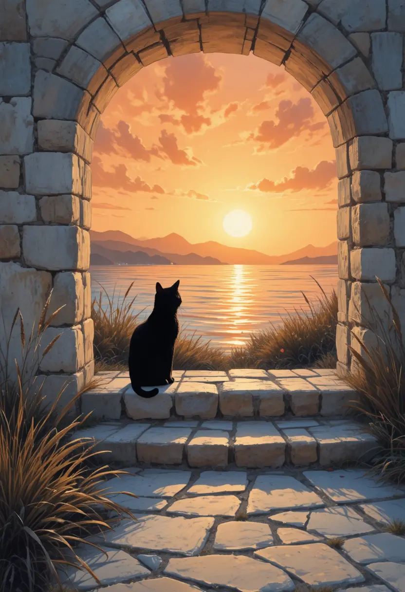 Black cat at an old mediterranean house at sunset