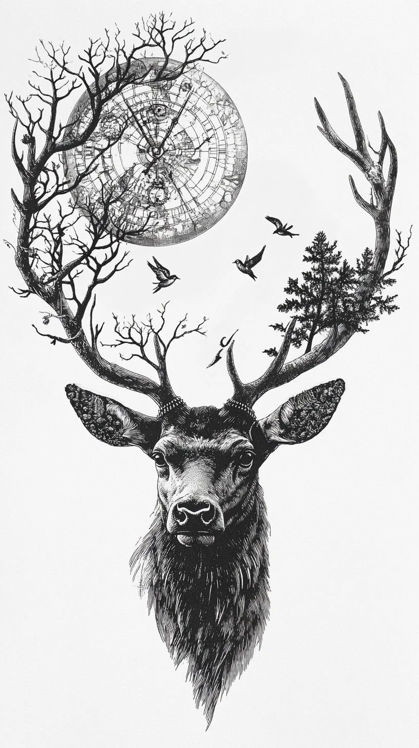 Cervo majestoso com chifres celestiais surrealistas em forma de maquinário