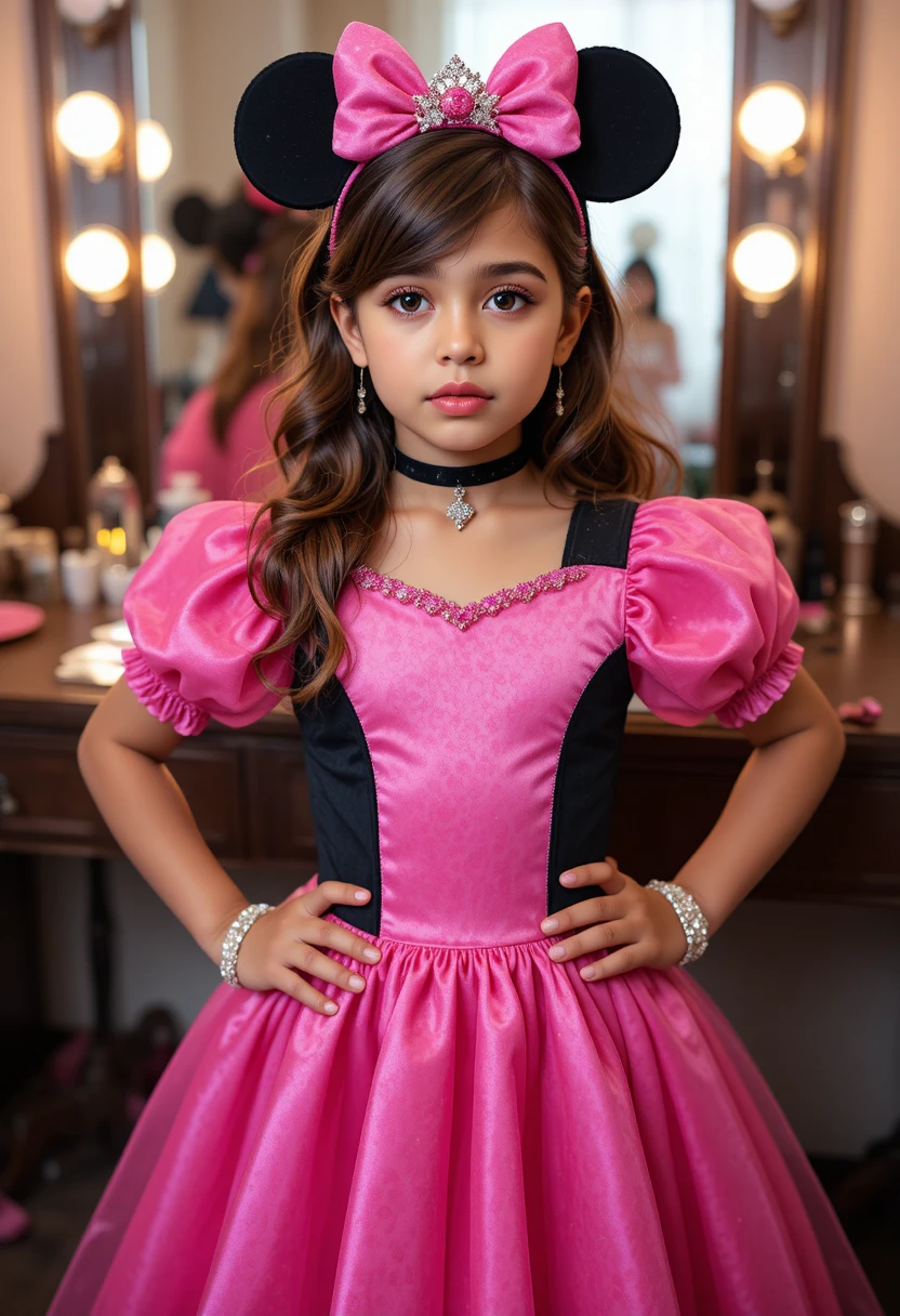 Garoto nervoso com vestido rosa da Minnie em frente ao espelho