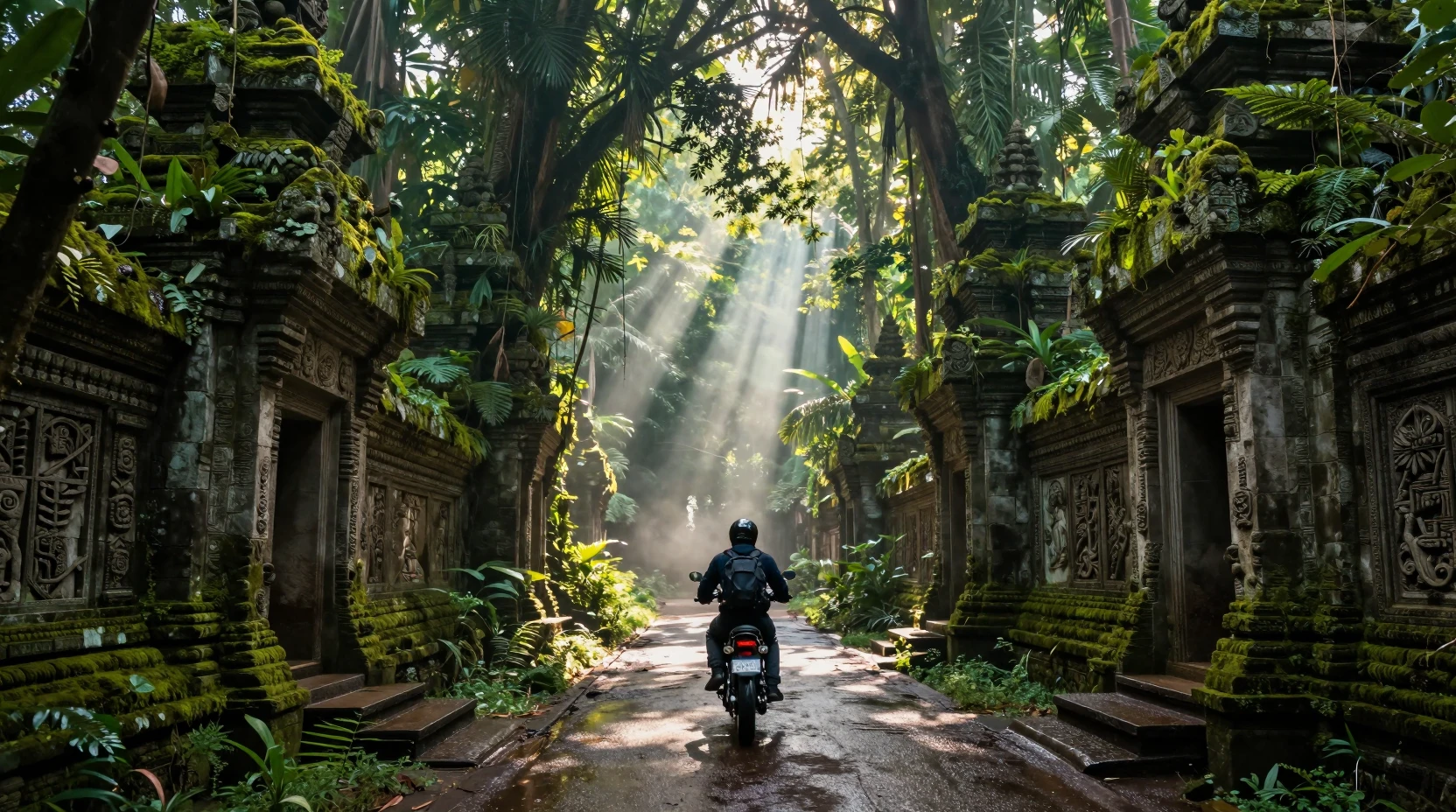 Motoqueiro solitário em estrada de templo na selva ao nascer do sol
