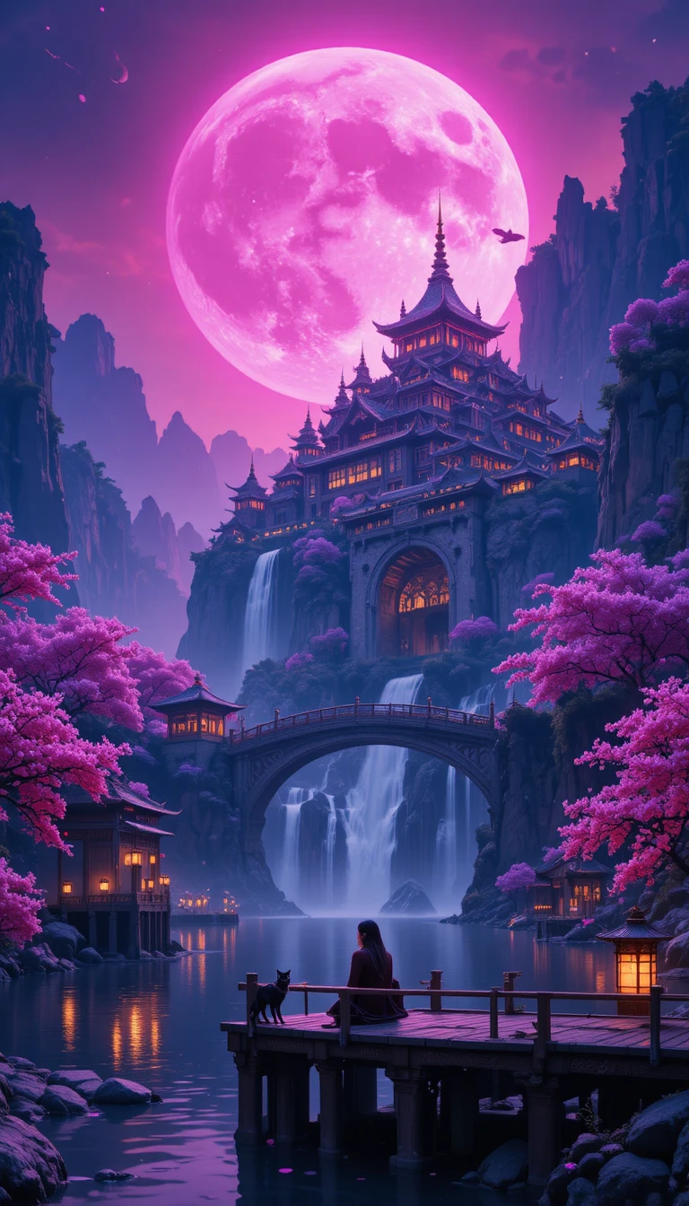Citadelle Fantastique et Lune Rose au-dessus d’une Rivière au Crépuscule