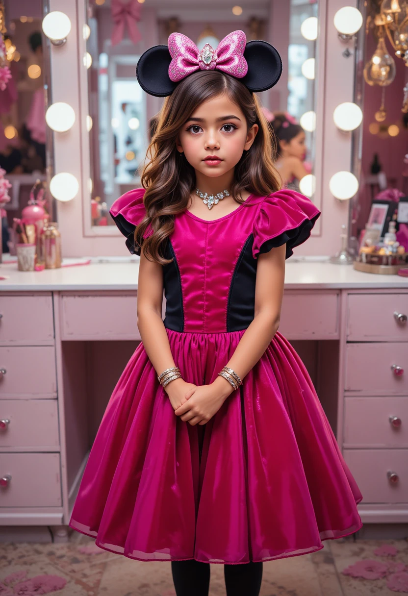 Hispanic boy in pink minnie dress at vanity