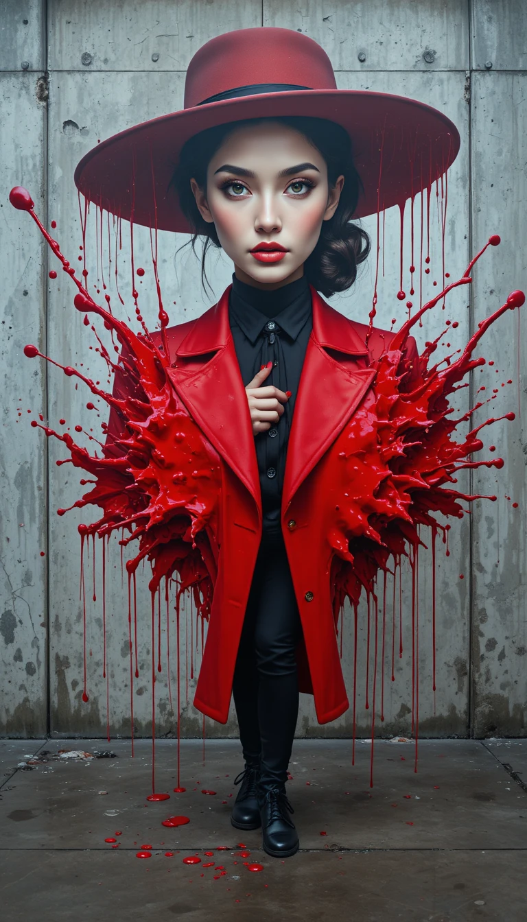 Stylish woman in red merging with surreal street mural