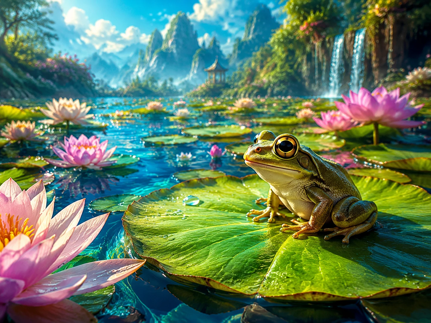 Sapo colorido e fantástico descansando em um lago de nenúfares