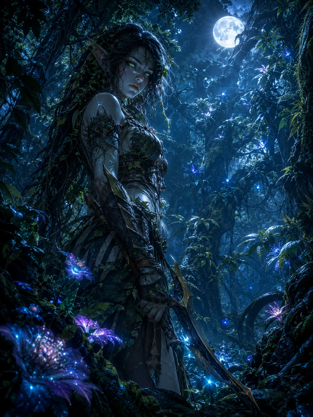 Guerrier elfe de la nuit mystique gardant une jungle ancestrale