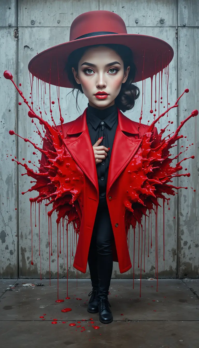 Stylish woman in red merging with surreal street mural