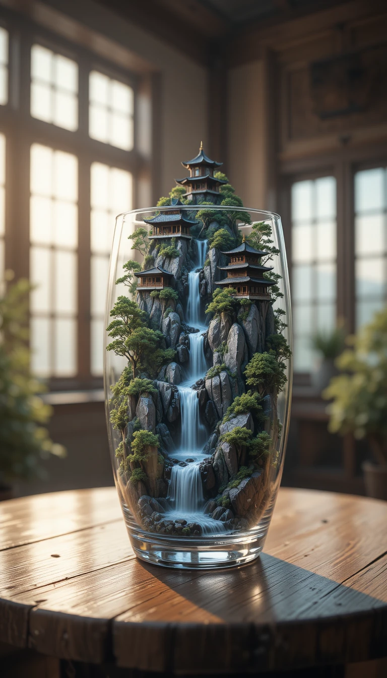 Montaña de pagoda en miniatura en un vaso con cascada