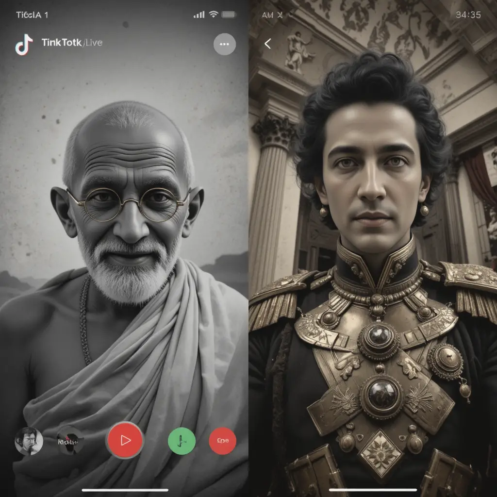 Split-Screen-Porträt mit Vintage-Anführer und moderner Technik