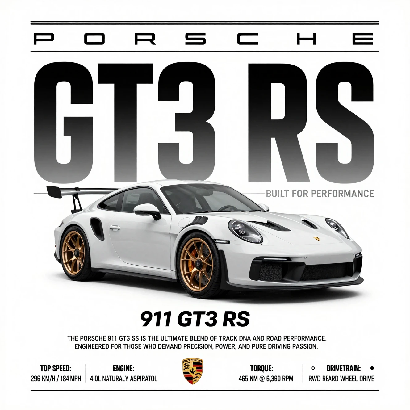 Poster mit weißem Sportwagen und markanter Performance-Typografie