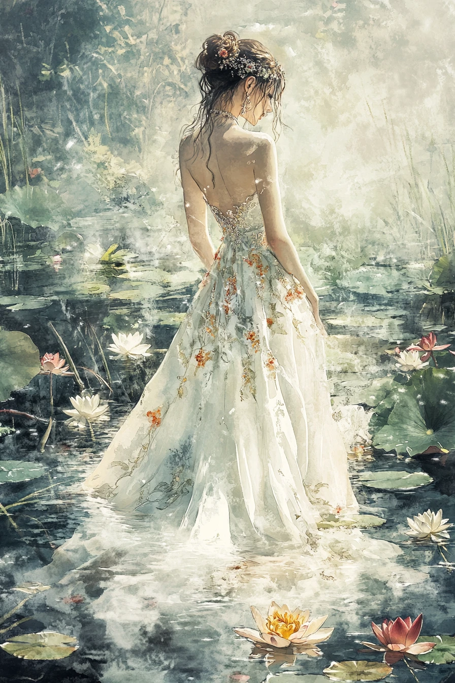 Watercolor portrait of a regal pond queen at dawn