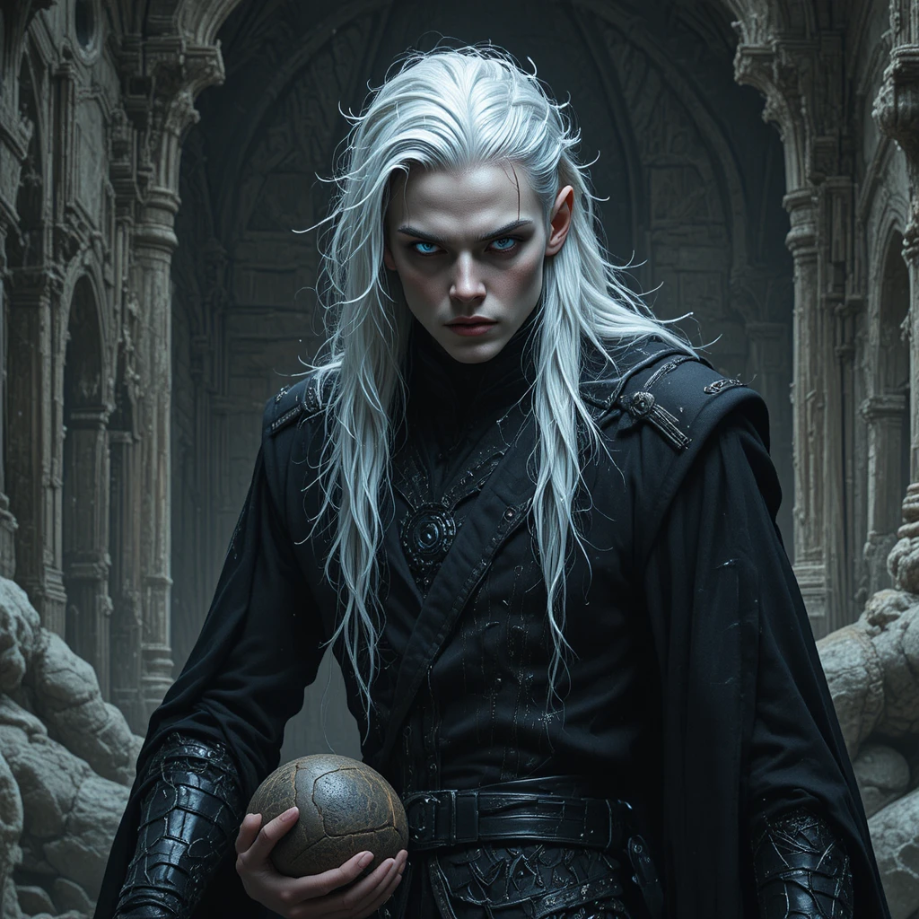 Oscuro signore dai capelli bianchi in abito nero – ritratto fantasy