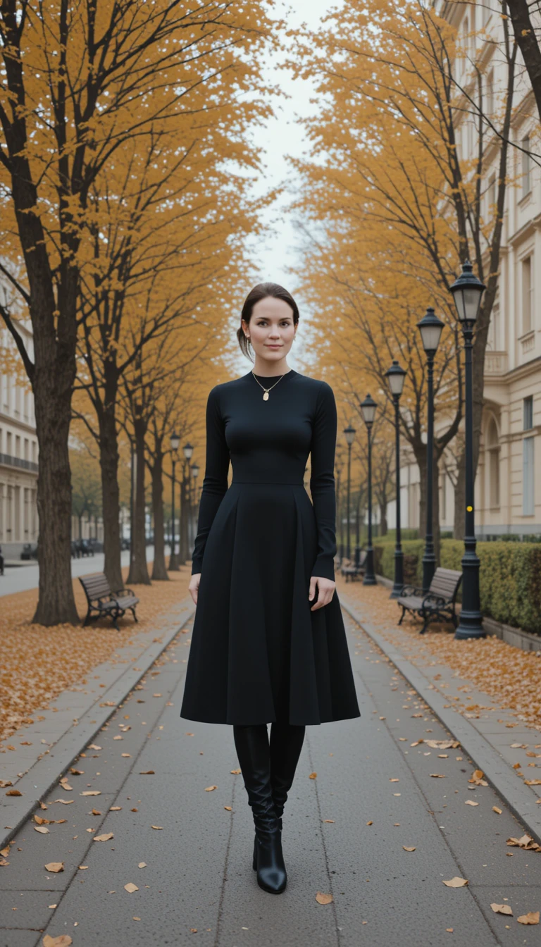 Woman in black dress on autumn city park path