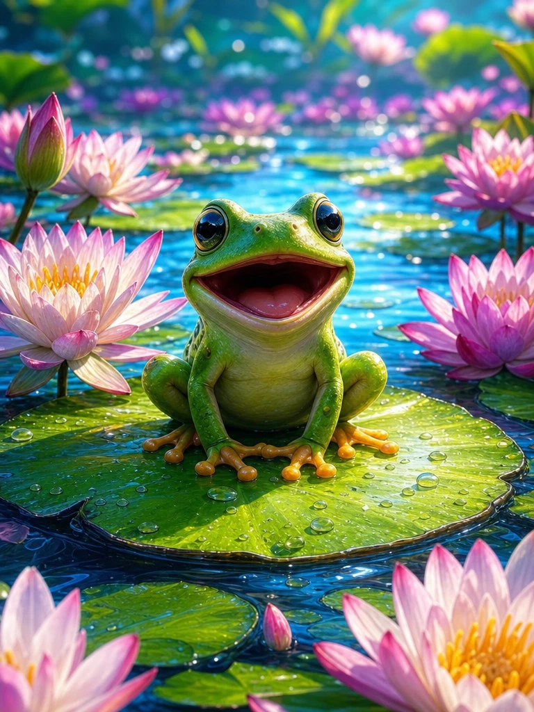 Grenouille Joyeuse sur Nénuphar dans un Étang Fantastique – Peinture
