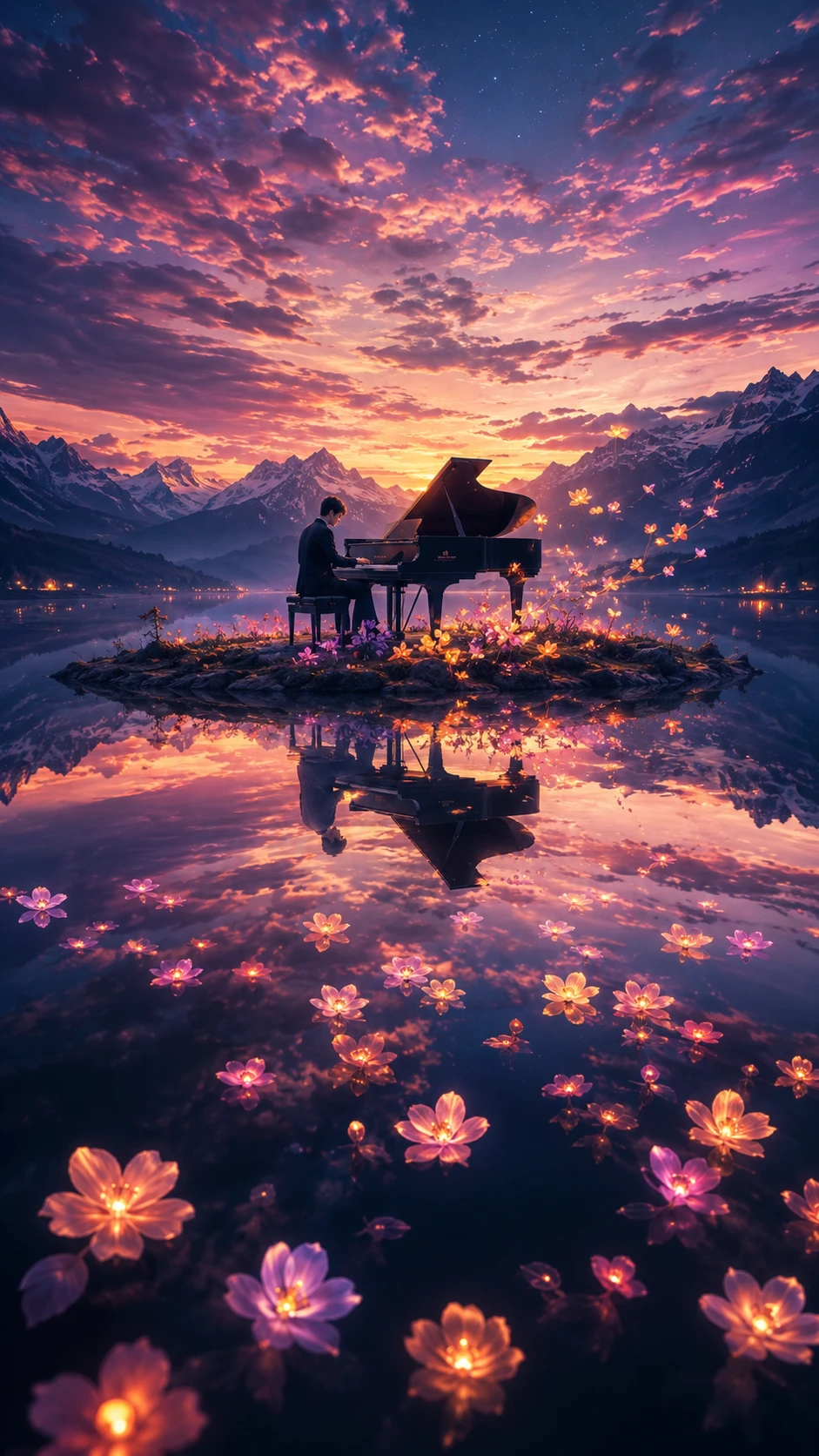 Pianist Performing Alone On An Island In Mirror Lake