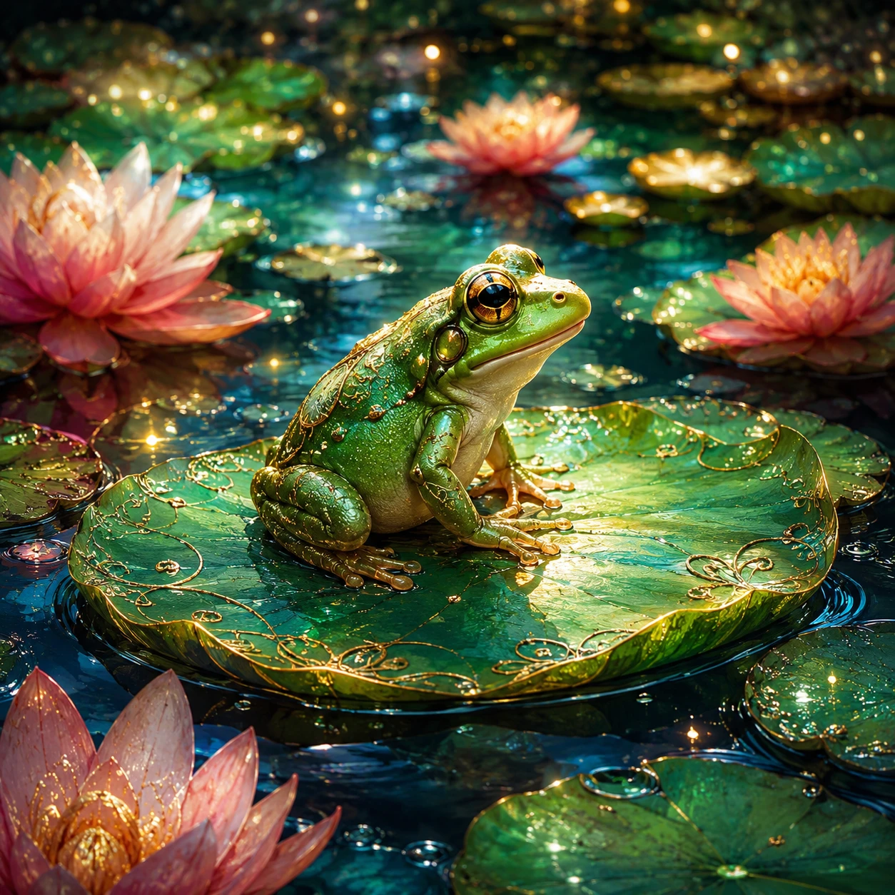 Fantasy painting of a cute frog on a lily pad
