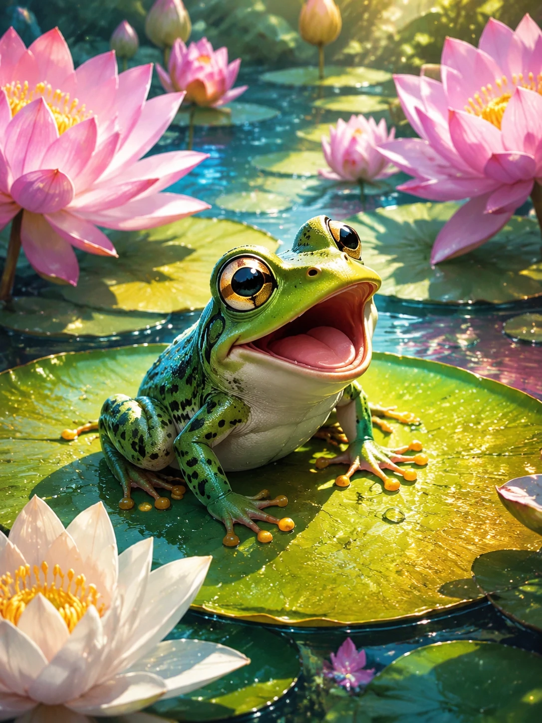 Sapo fofo em uma folha de lótus em um lago de fantasia