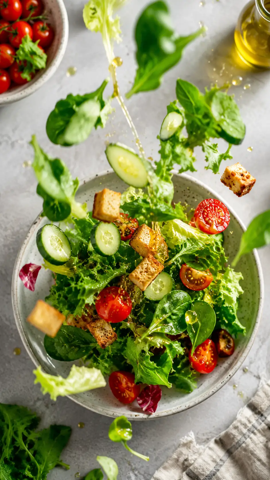 Ingrédients de salade verte fraîche tombant dans une assiette