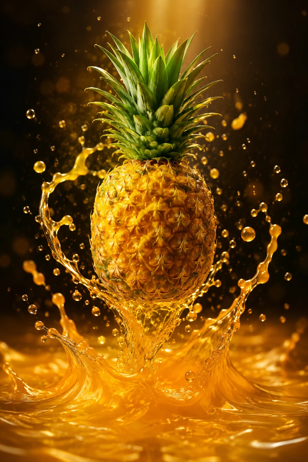 Ananas galleggiante su liquido con luce drammatica ad alto contrasto