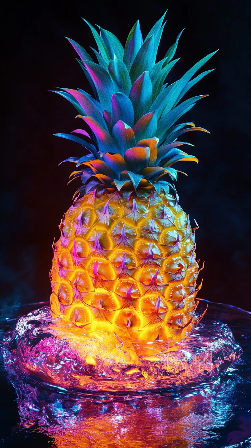 Lebendige Ananas, die in Flüssigkeit treibt, in starkem Kontrast