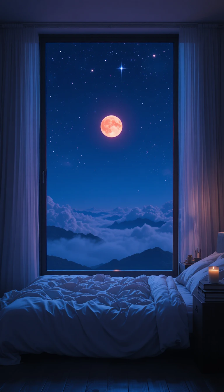 Midnight bedroom view with glowing moonlit sky