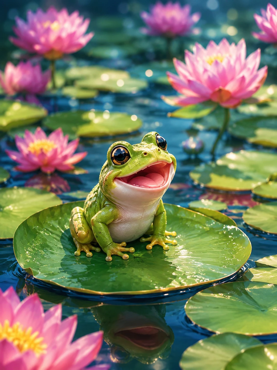 Adorable grenouille sur nénuphar dans une peinture de bassin fantastique