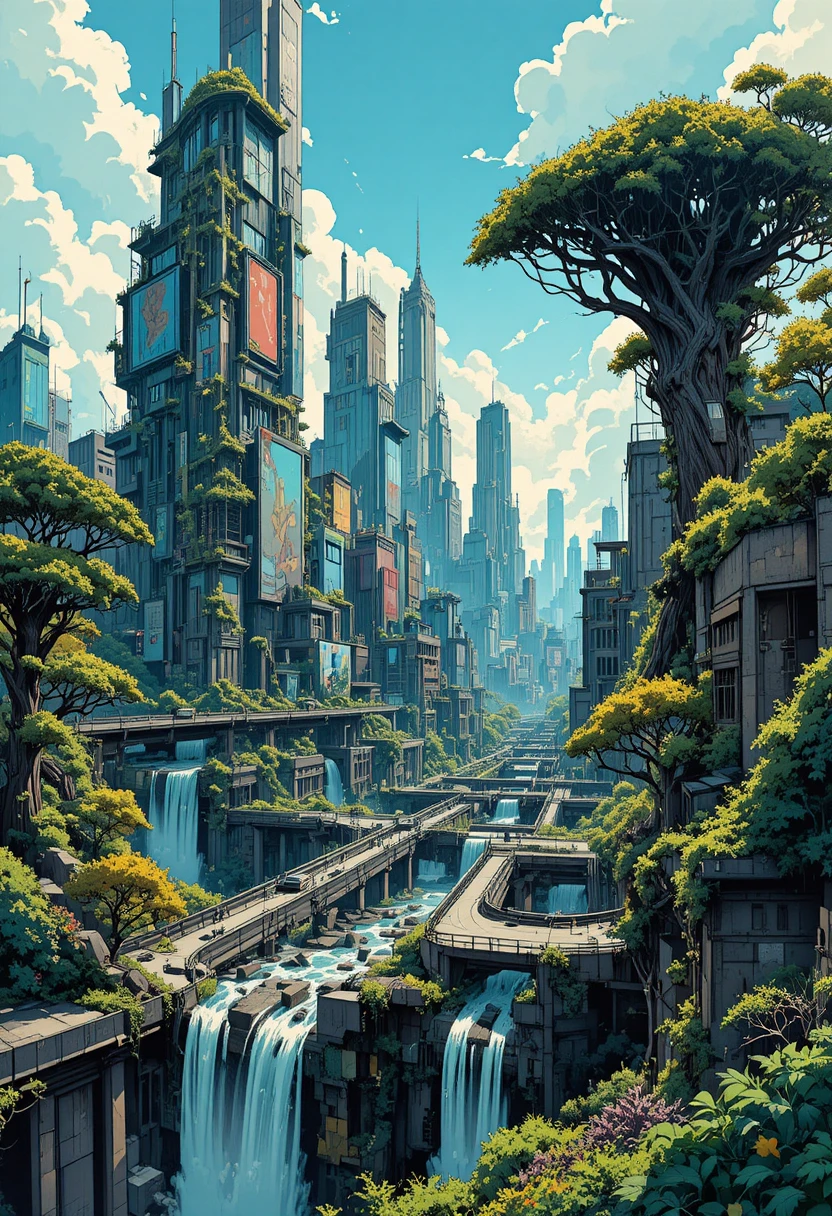 Abandoned futuristic city overgrown with forests and waterfalls