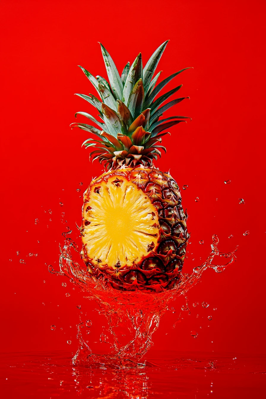 Leuchtende Ananas, die auf einer reflektierenden Flüssigkeitsoberfläche schwebt