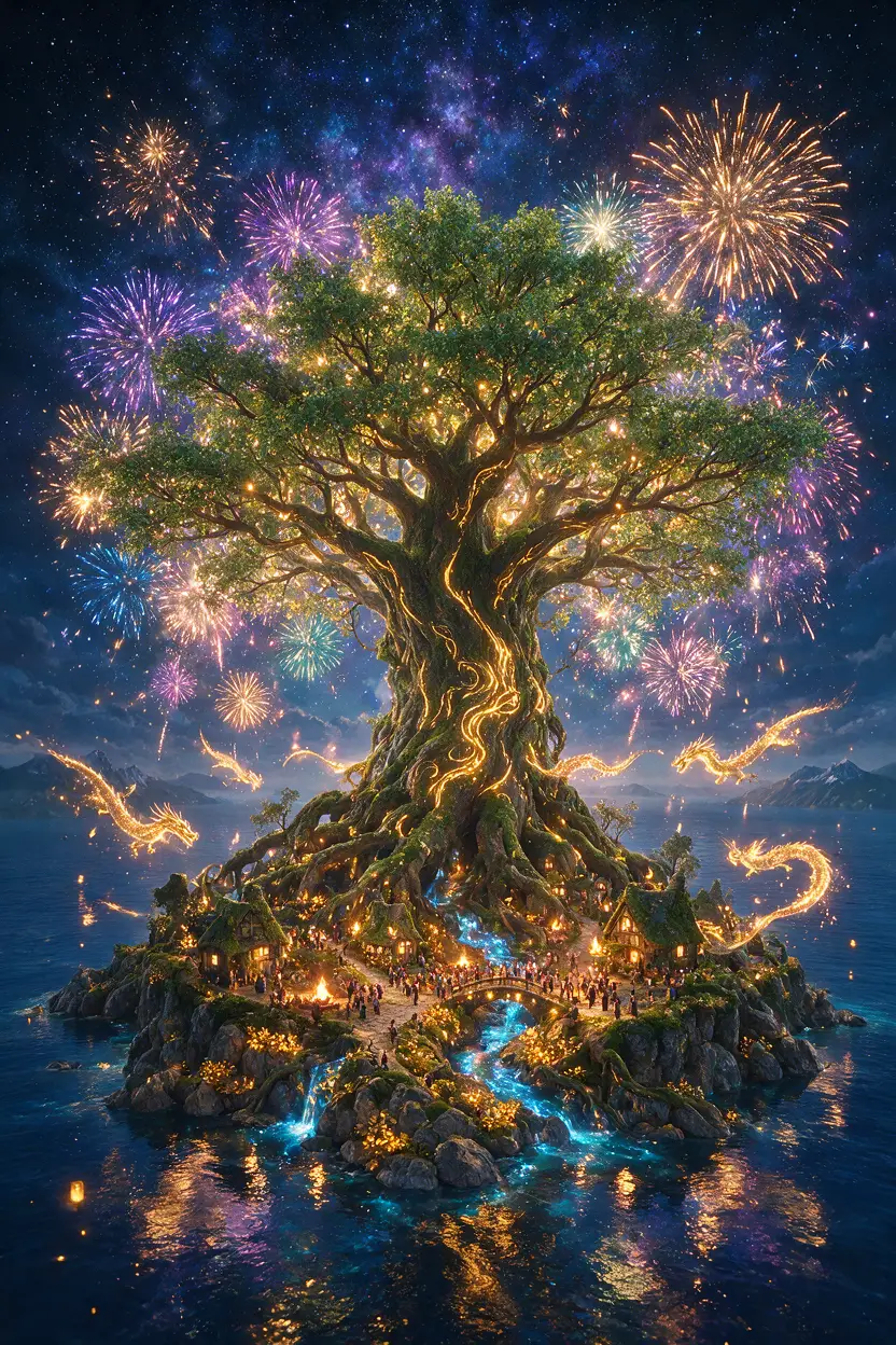 雄偉奇幻樹之島與海上煙火秀