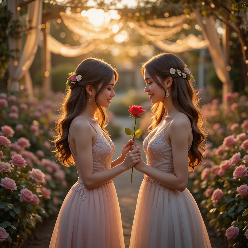 Pedido romântico entre duas mulheres em um jardim florido