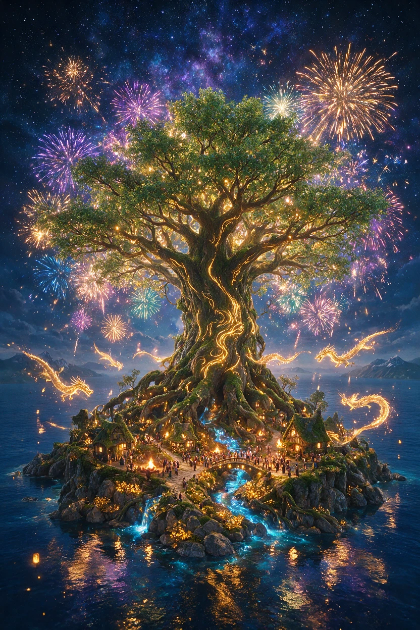 Île fantastique majestueuse avec arbre géant et feu d’artifice sur l’océan