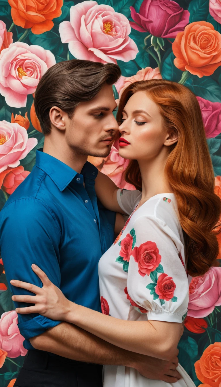 Couple sensuel s’embrassant sur un fond floral de roses