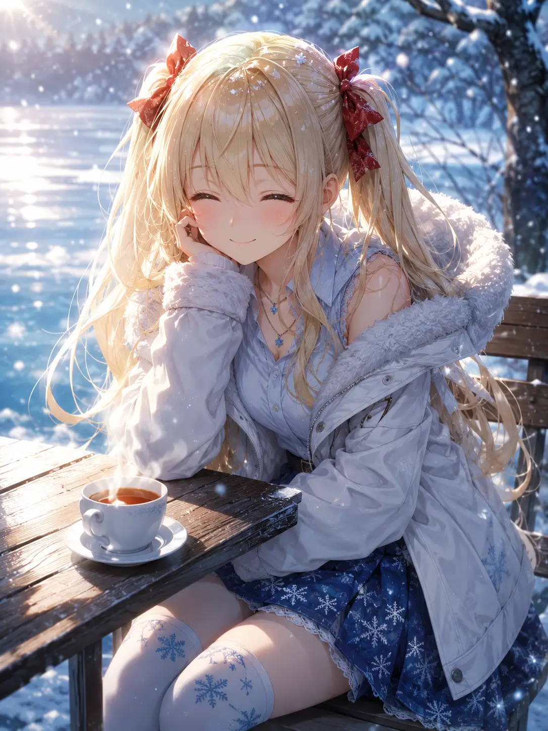 Ragazza anime tranquilla con tè accanto a un lago ghiacciato