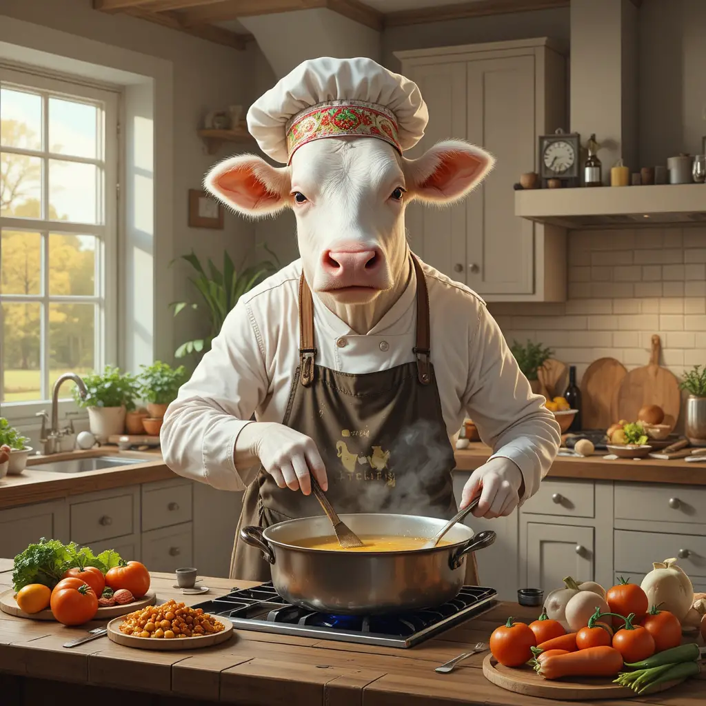 White cow cooking dinner in a cozy farmhouse kitchen