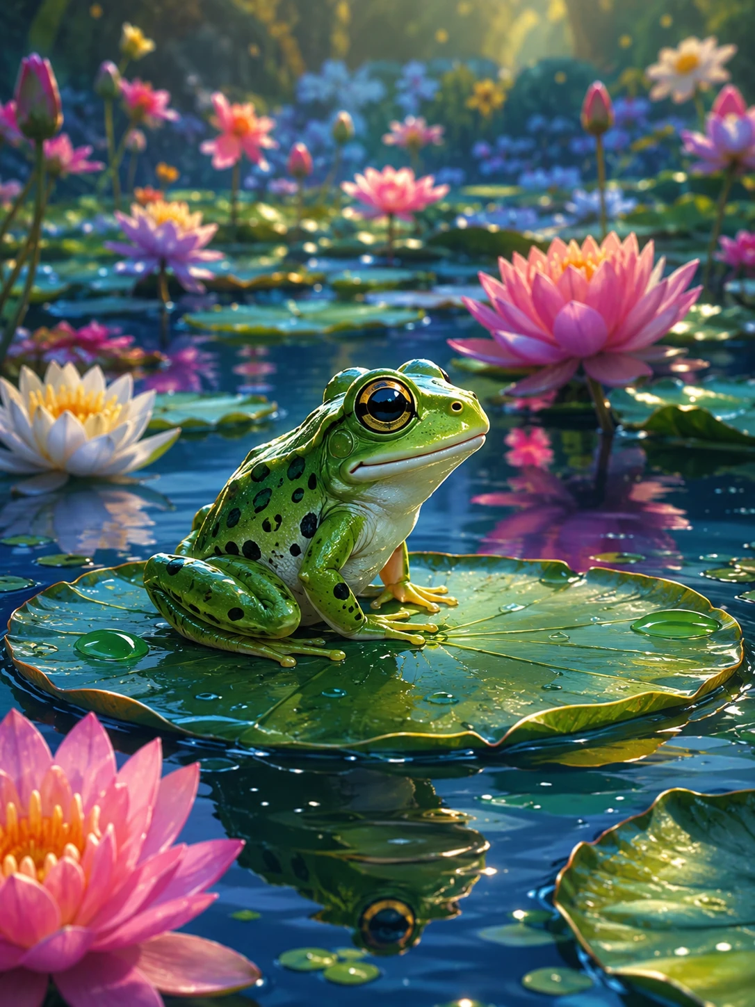 Adorable grenouille sur nénuphar dans un étang de fantaisie coloré