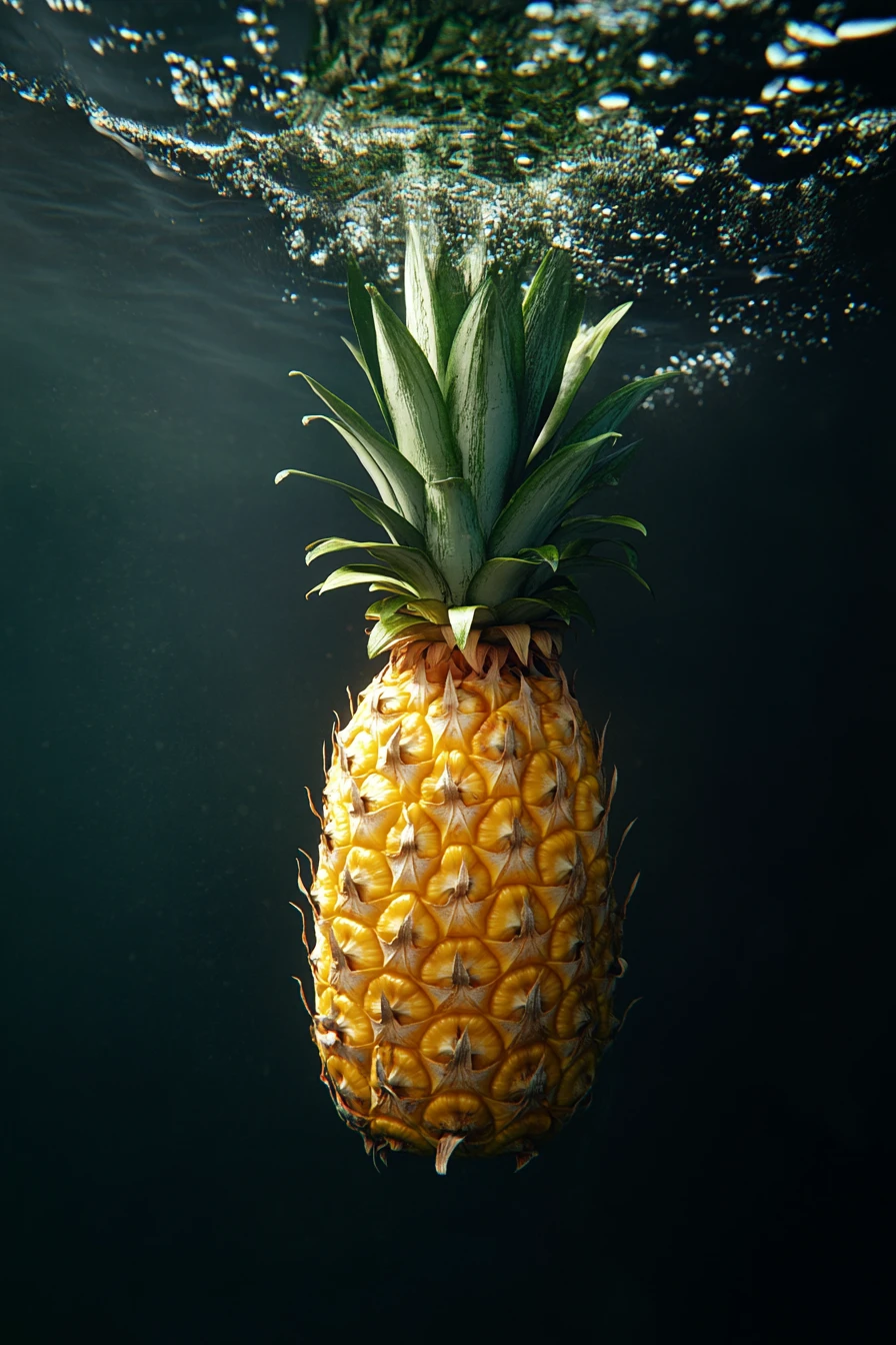 Leuchtende Ananas auf heller, spiegelnder Flüssigkeitsoberfläche