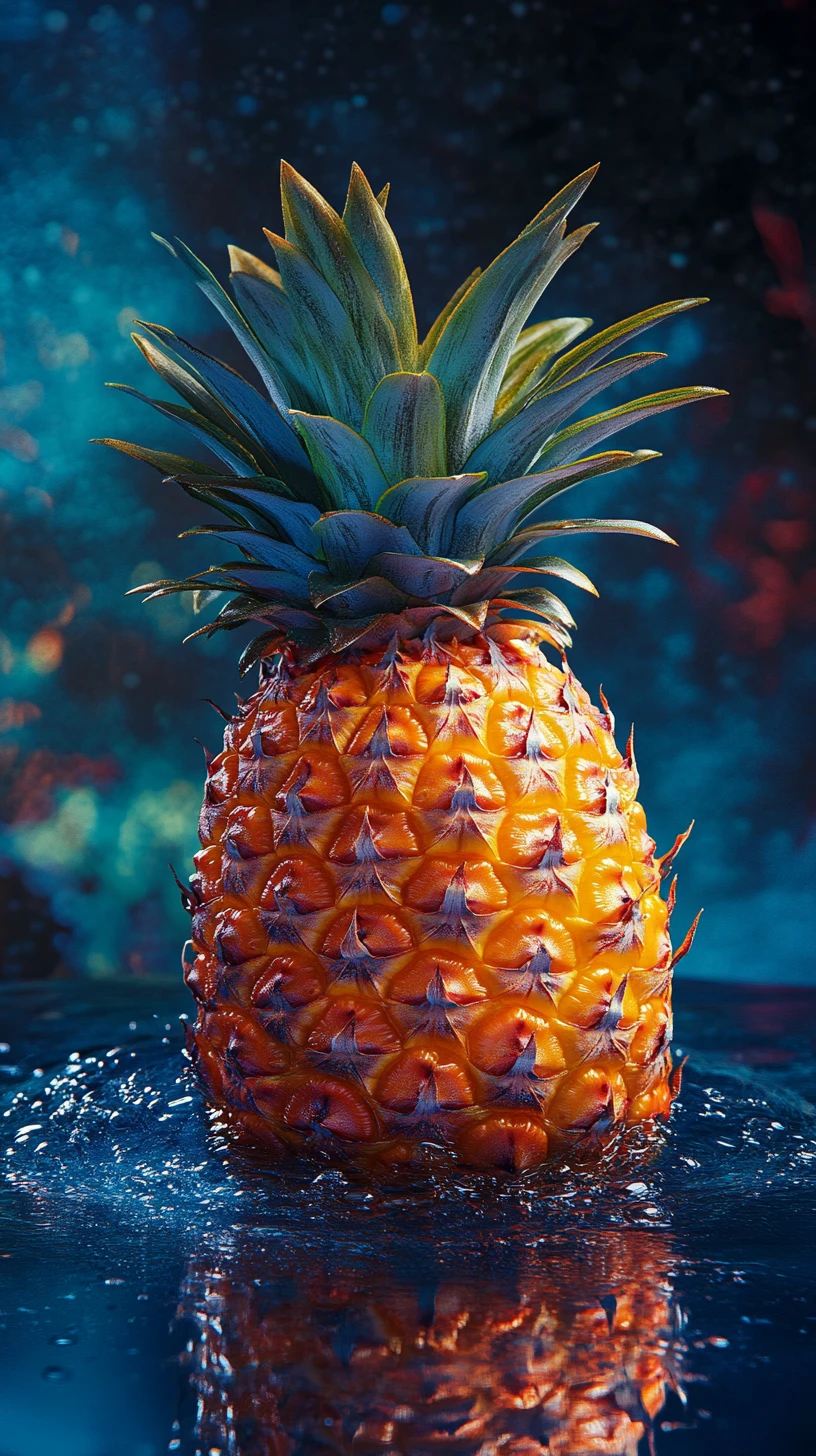 Ananas vif flottant sur un liquide dans une nature morte centrée