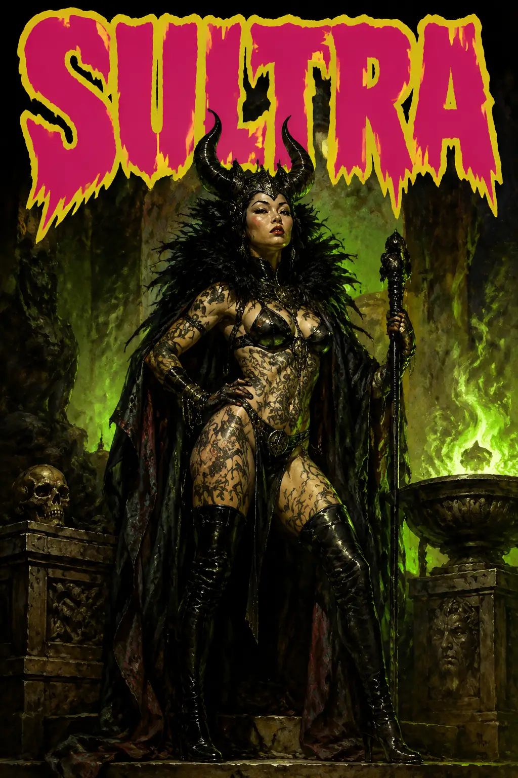 Dunkle Zauberin in einem gewaltigen Fantasy-Thronsaal